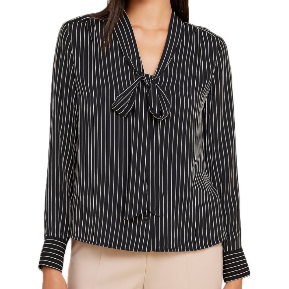 LAUREN Ralph Lauren | 100% Silk Striped Button Down Blouse with Bow | Size 6